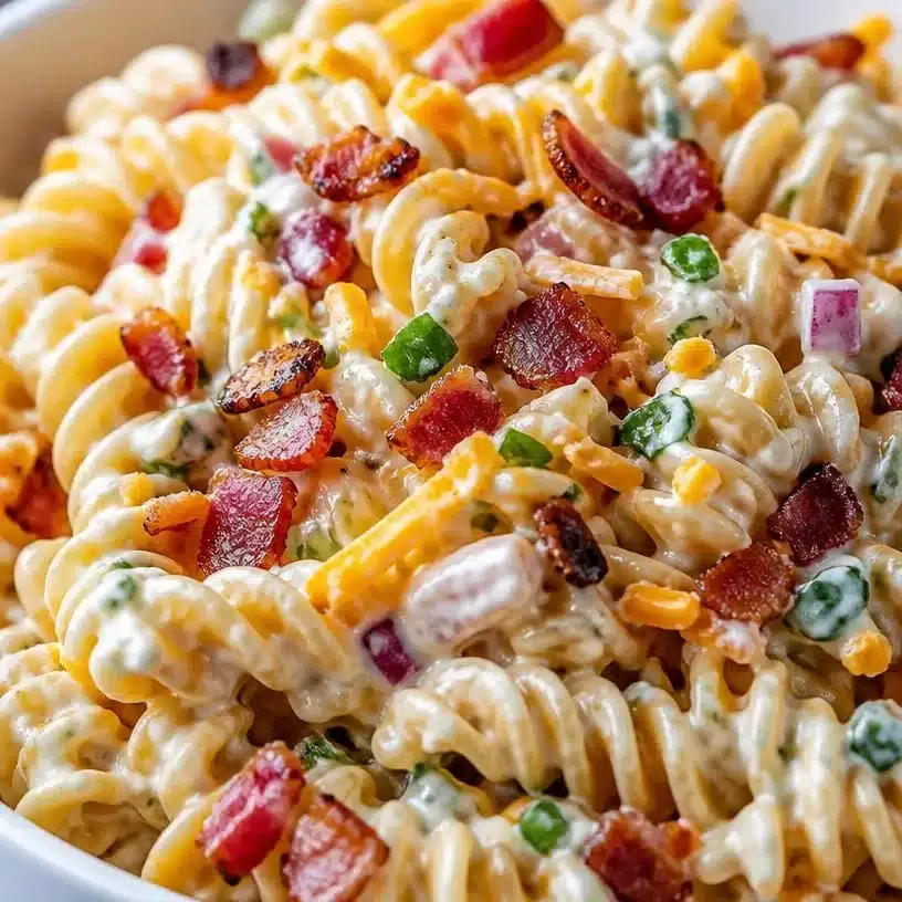 Delicious Pasta Salad with Creamy Bacon Ranch Dressing served in a bowl.