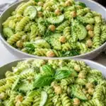 Quick Green Goddess Pasta Salad garnished with fresh herbs and vegetables