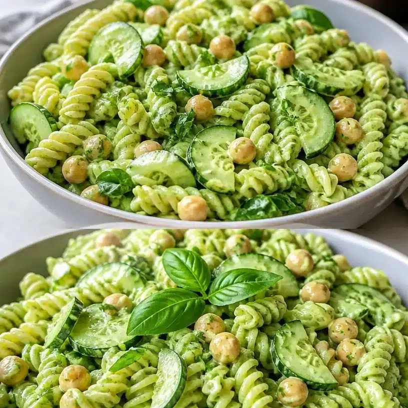 Quick Green Goddess Pasta Salad garnished with fresh herbs and vegetables