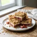 Rhubarb cheesecake bars with a creamy topping and fresh rhubarb garnish