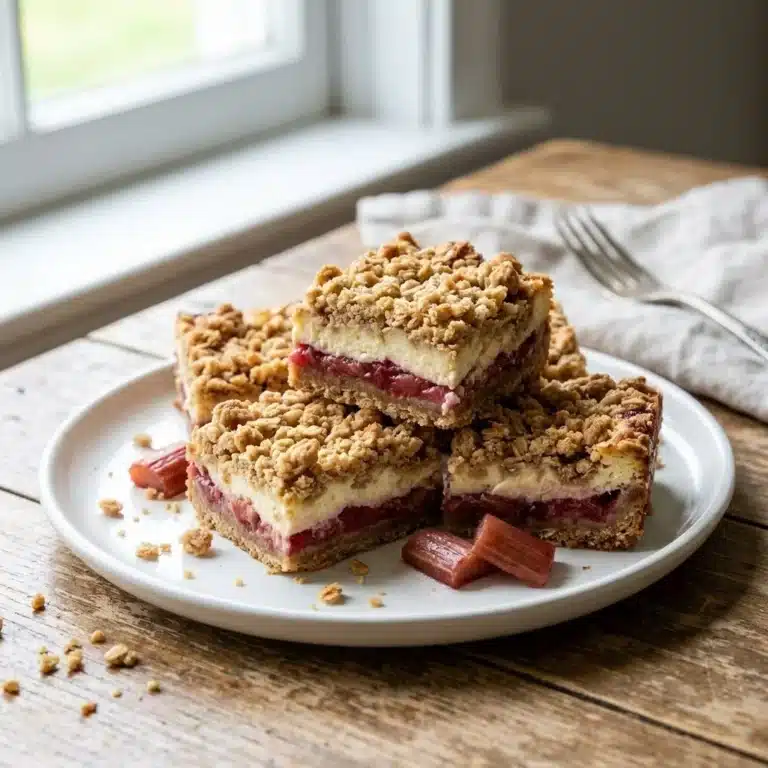 Rhubarb cheesecake bars with a creamy topping and fresh rhubarb garnish