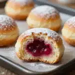 Rhubarb cheesecake bombs served on a plate with fresh rhubarb garnish.