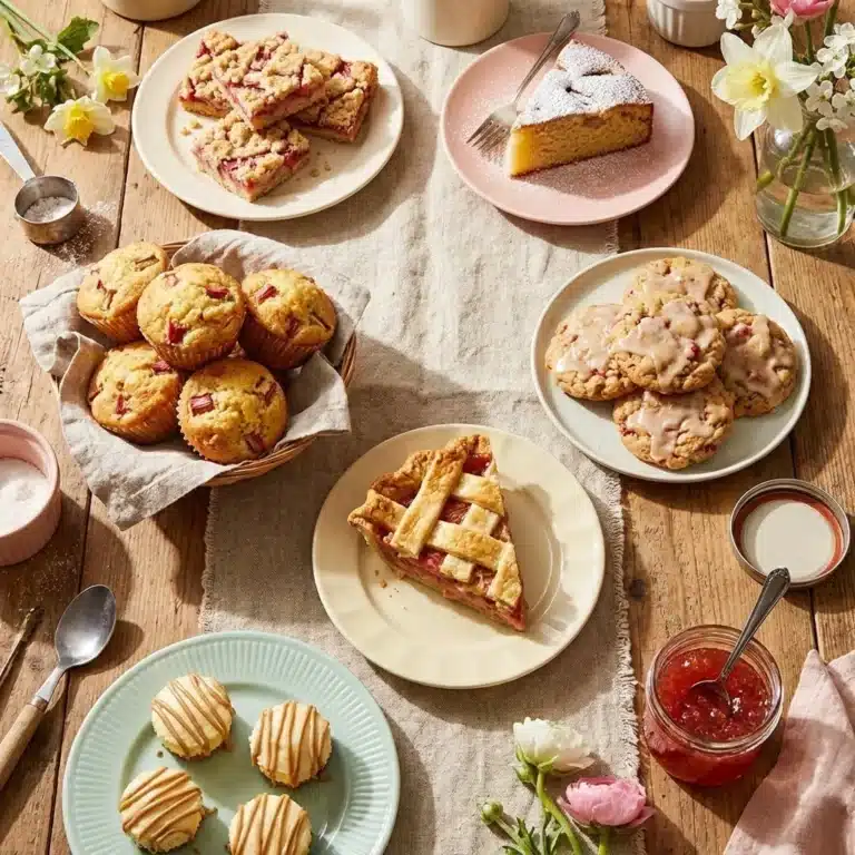 Collection of delicious rhubarb desserts recipes featuring pies, crisps, and tarts.