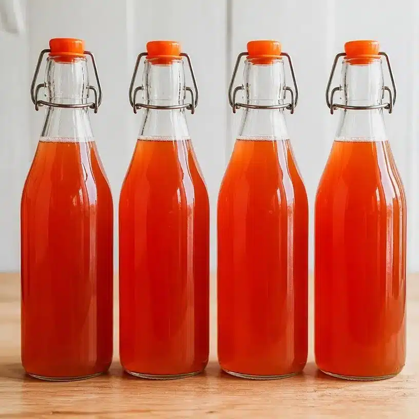 Homemade rhubarb schnapps in a bottle with fresh stalks of rhubarb