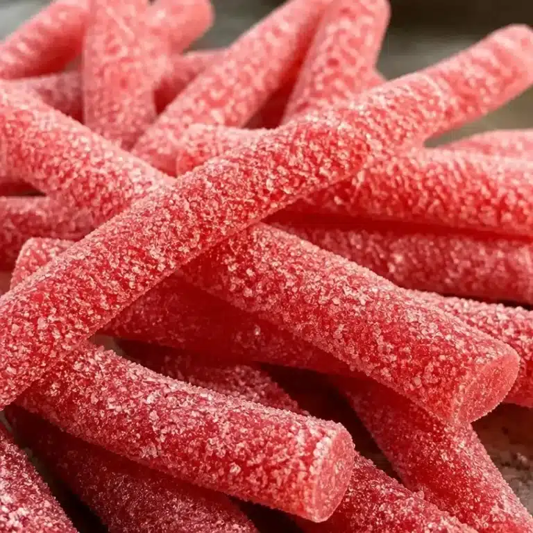 Homemade Rhubarb Sour Belts on a wooden table