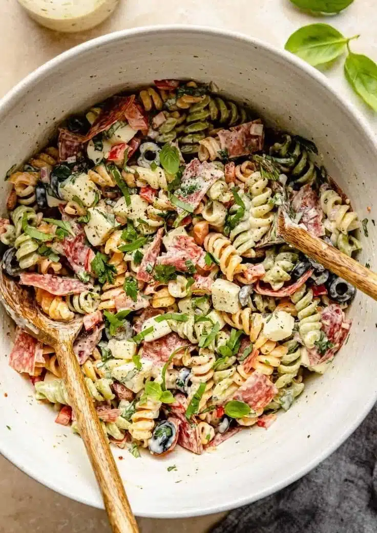 Silky pasta salad with creamy Italian dressing in a bowl