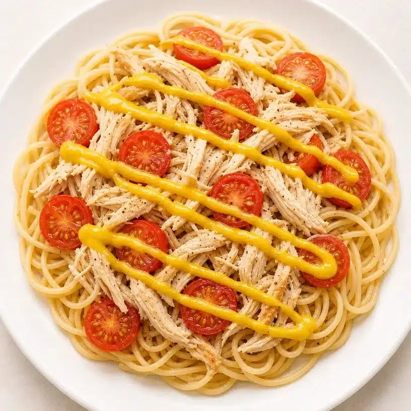 Slow cooker chicken spaghetti dish garnished and ready to serve