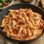Delicious slow cooker creamy pink sauce chicken pasta served in a bowl.