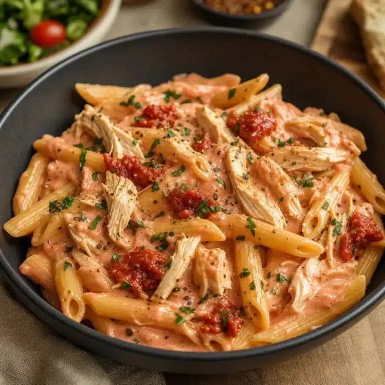 Delicious slow cooker creamy pink sauce chicken pasta served in a bowl.