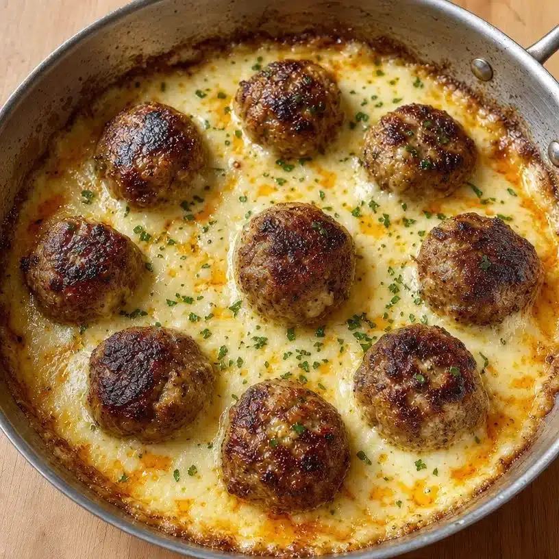 Delicious Slow Cooker French Onion Meatballs served with melted cheese