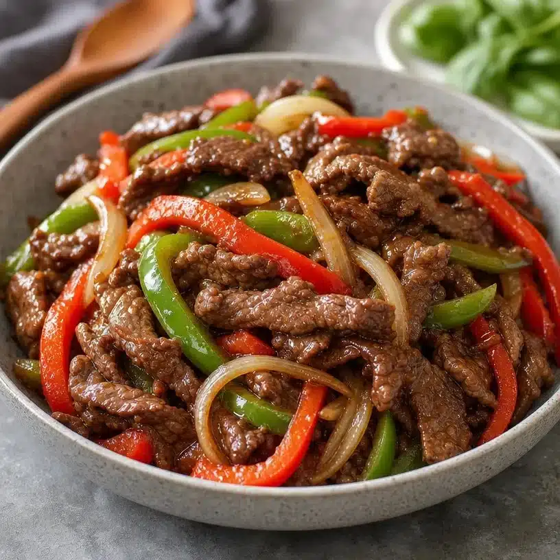 Delicious slow cooker pepper steak served over rice with colorful bell peppers.