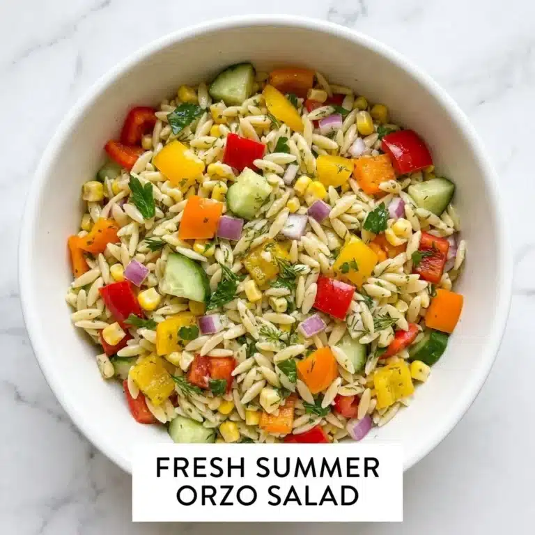 Colorful summer-inspired orzo pasta salad with fresh vegetables and herbs