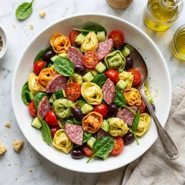Colorful Tortellini Pasta Salad with fresh vegetables and dressing