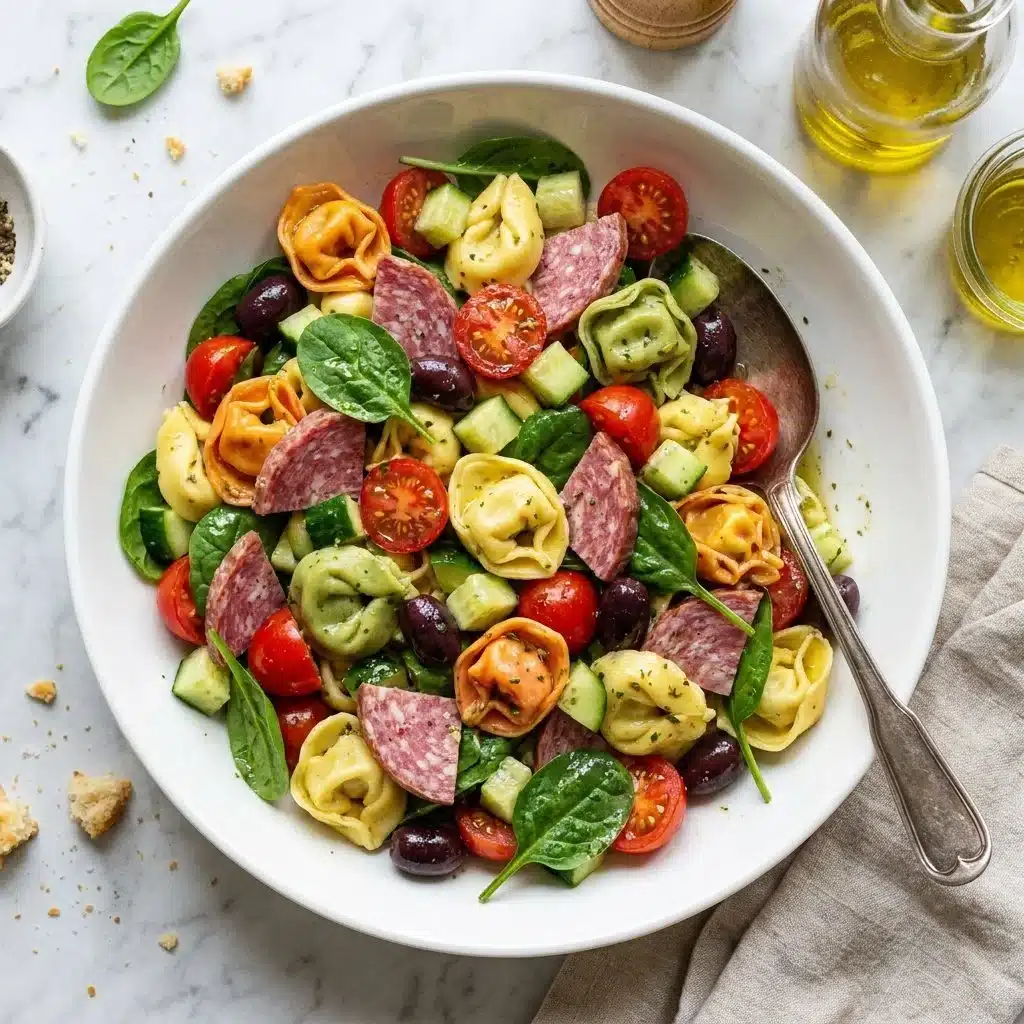 Colorful Tortellini Pasta Salad with fresh vegetables and dressing