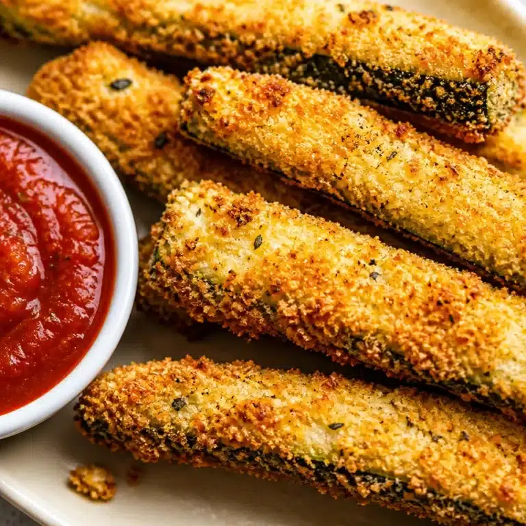Crispy air fryer zucchini fries served on a plate, garnished with herbs.