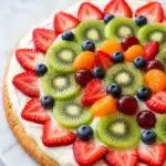 Delicious fruit pizza topped with fresh fruits on a sugar cookie crust and cream cheese frosting.