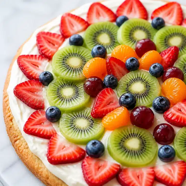 Delicious fruit pizza topped with fresh fruits on a sugar cookie crust and cream cheese frosting.