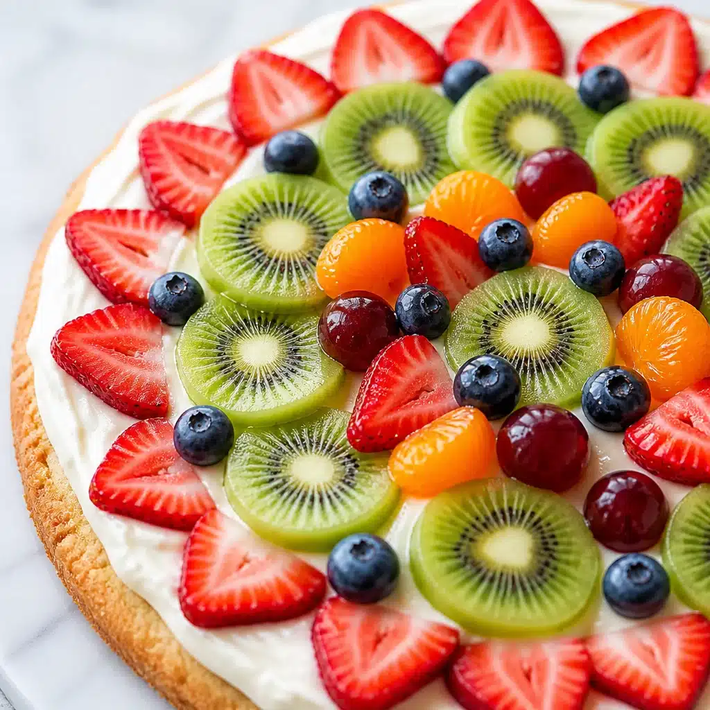 Delicious fruit pizza topped with fresh fruits on a sugar cookie crust and cream cheese frosting.