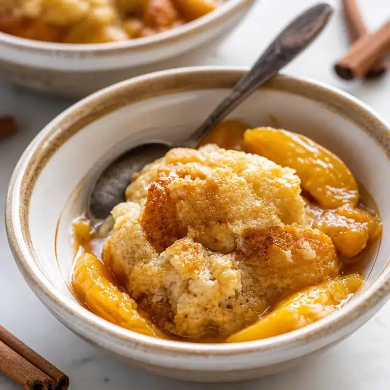 Delicious homemade peach cobbler with fresh peaches and a buttery topping