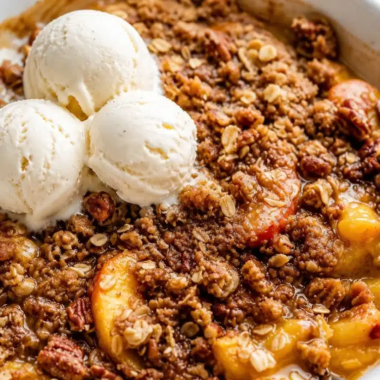 Fresh peach crisp topped with a buttery oat crumble, perfect for summer desserts.