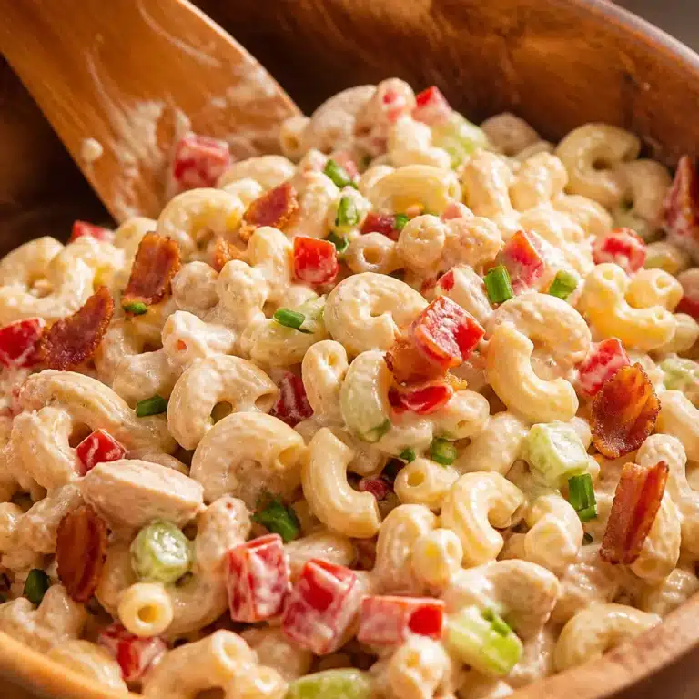 Delicious chicken pasta salad with fresh veggies and creamy dressing.