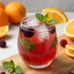 Refreshing fruit shrub drink garnished with fresh fruit and herbs