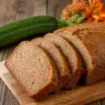 Moist and easy zucchini bread slice with cinnamon on a rustic wooden table