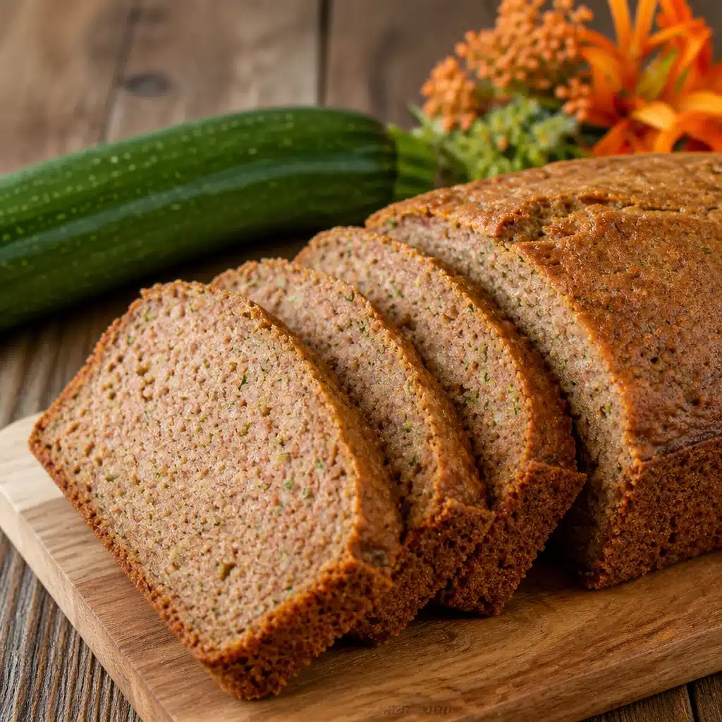 Moist and easy zucchini bread slice with cinnamon on a rustic wooden table