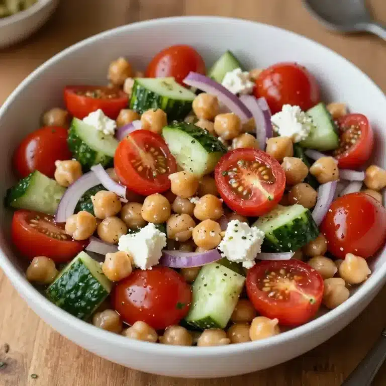 A vibrant bowl of protein-packed chickpea salad with fresh vegetables