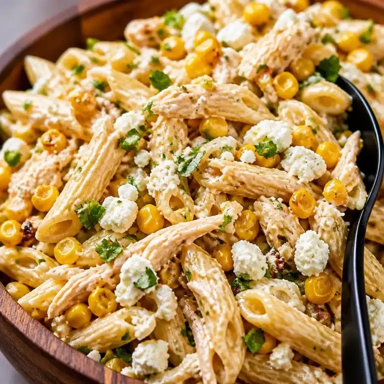 Colorful corn pasta salad with grilled corn, herbs, and creamy dressing.