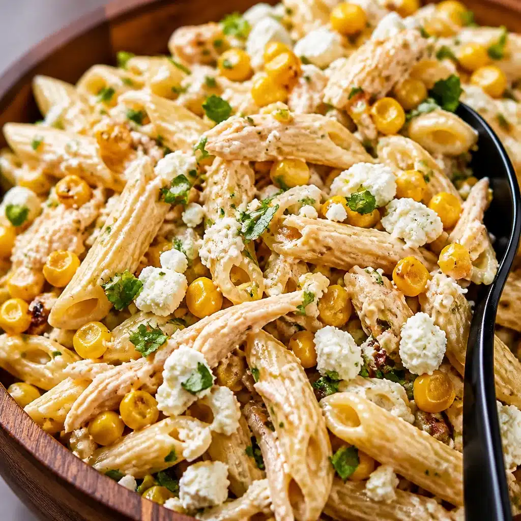 Colorful corn pasta salad with grilled corn, herbs, and creamy dressing.
