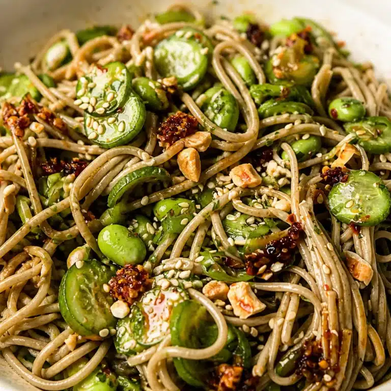 Chili crisp noodle salad with cucumbers and vibrant dressing served in a bowl.