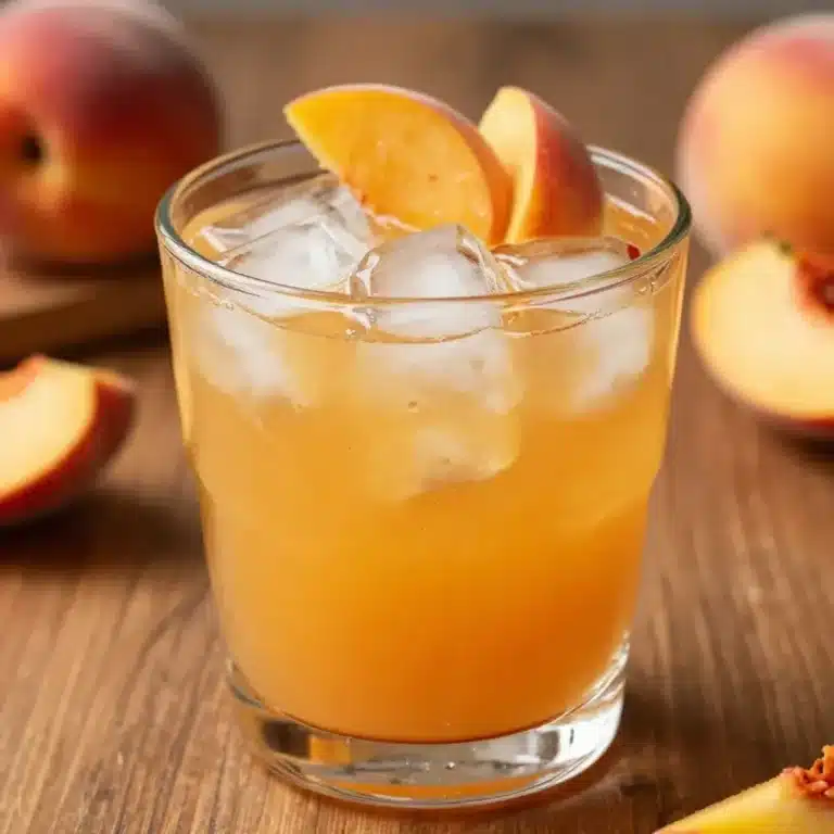 Refreshing vinegar-infused peach iced tea served in a glass with fresh peaches