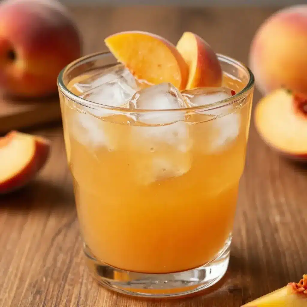 Refreshing vinegar-infused peach iced tea served in a glass with fresh peaches