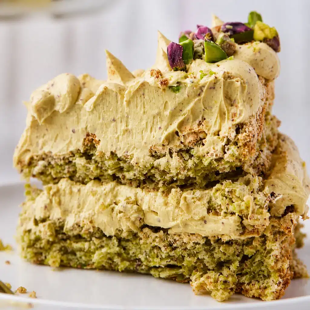Layered pistachio dessert with creamy cheesecake, pudding, and topped with pistachios.