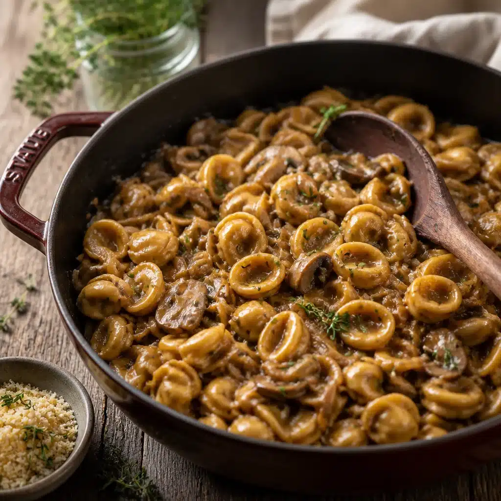 Creamy French Onion Pasta with caramelized onions and Gruyère cheese in a one-pot dish.