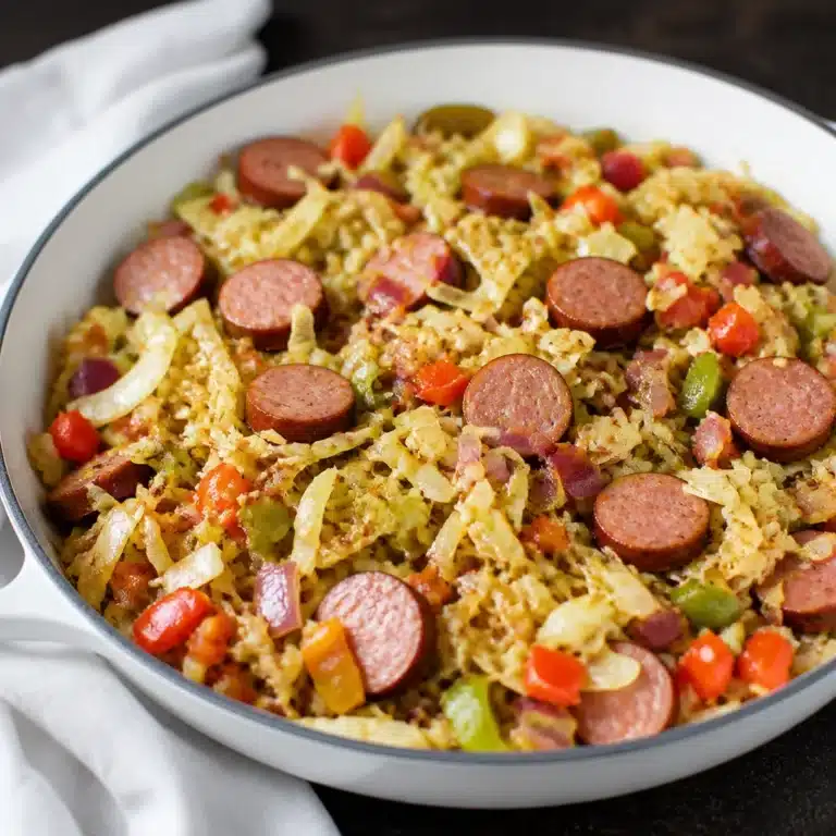 Fried cabbage with bacon, onion, and garlic in a skillet for a tasty Southern-style recipe.