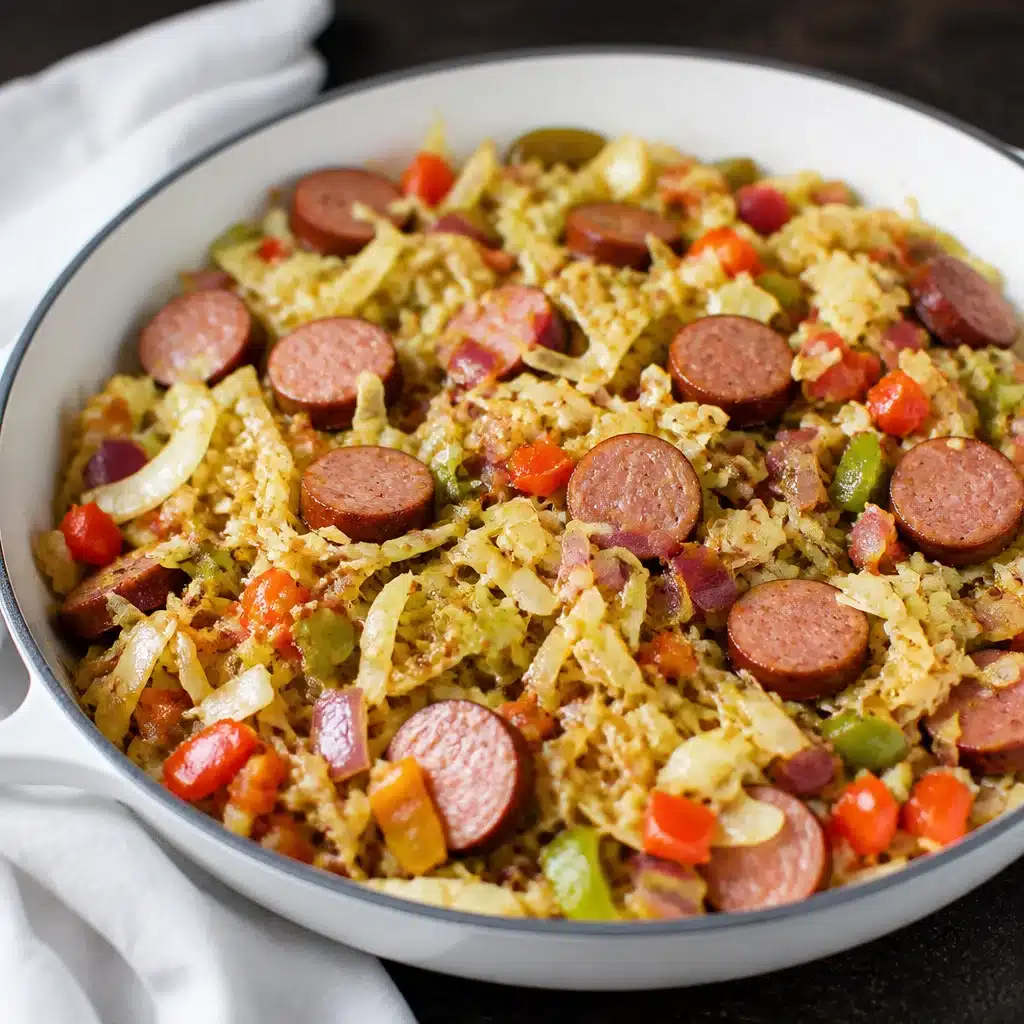 Fried cabbage with bacon, onion, and garlic in a skillet for a tasty Southern-style recipe.