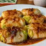 Savory cabbage dumplings filled with pork and vegetables, served with dipping sauce.