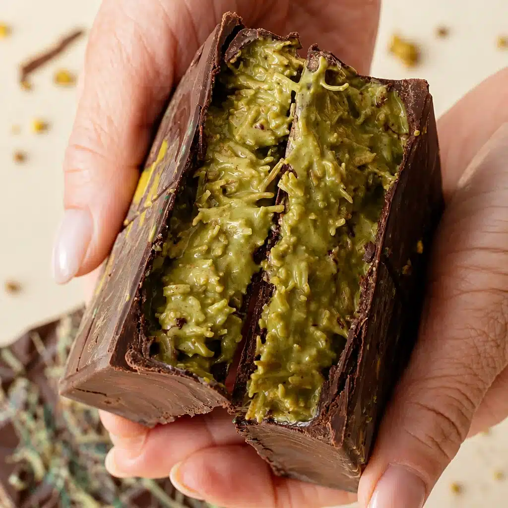 Delicious Dubai chocolate bar with pistachios and kadayif filling.