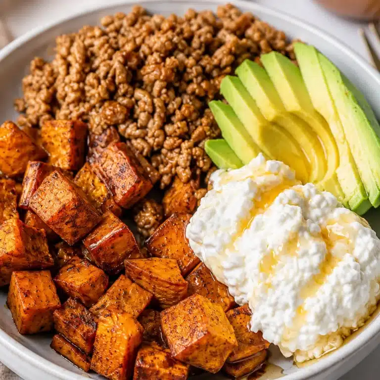 Hot Honey Cottage Cheese Sweet Potato Bowl with beef and avocado topped with hot honey.