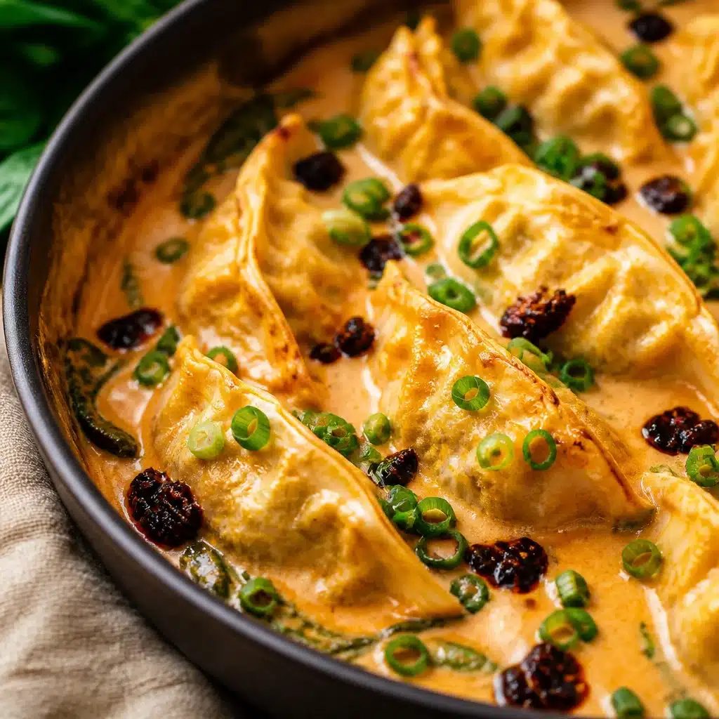 Viral Dumpling Bake with creamy red curry sauce in a one-pan dish, garnished with herbs.