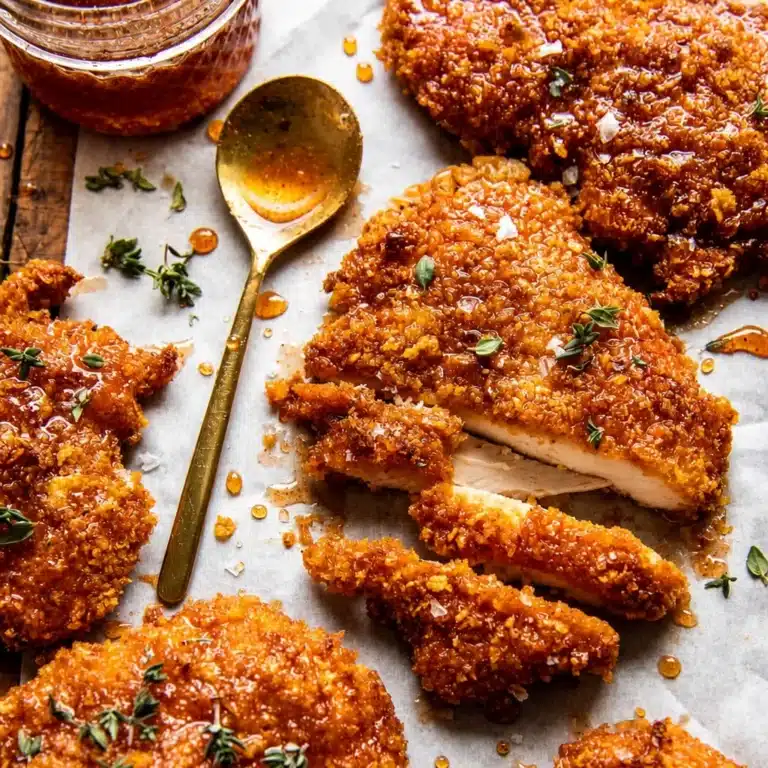 Crispy Hot Honey Chicken drizzled with sweet and spicy sauce on a plate.