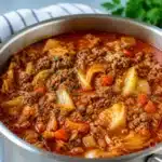 Bowl of Golumpki Soup with cabbage, ground beef, and rice in tomato broth.
