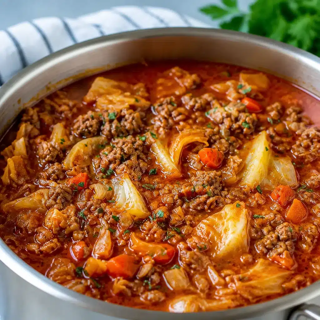 Bowl of Golumpki Soup with cabbage, ground beef, and rice in tomato broth.