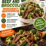 Slow cooker beef with broccoli served on a plate with rice