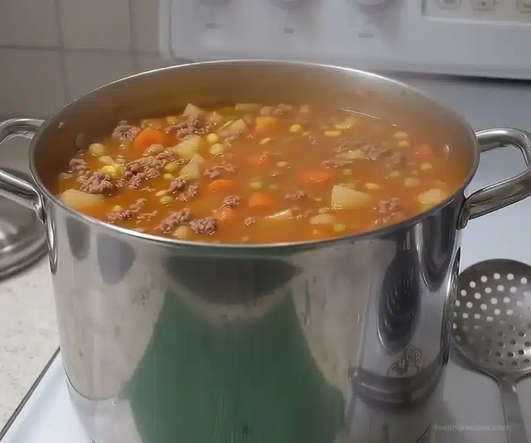 Bowl of easy slow cooker hamburger vegetable soup filled with colorful vegetables.