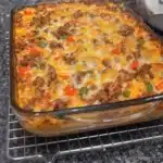 Skillet Ground Beef Casserole with Peppers and Onions in a baking dish.