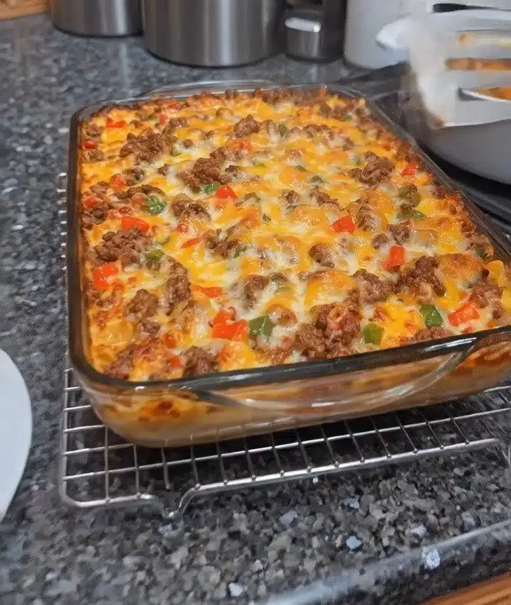Easy Ground Beef Casserole with Peppers and Onions