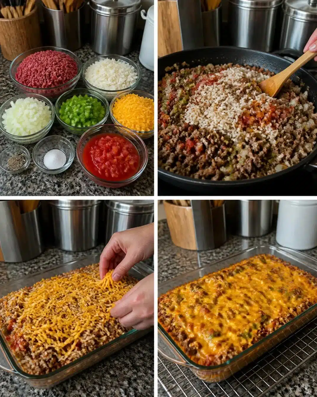 Skillet Ground Beef Casserole with Peppers and Onions